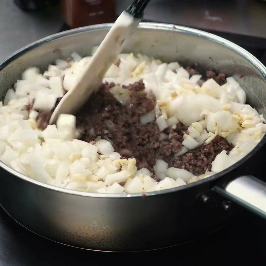 Carne molida y cebolla picada sofriéndose juntas en una sartén.