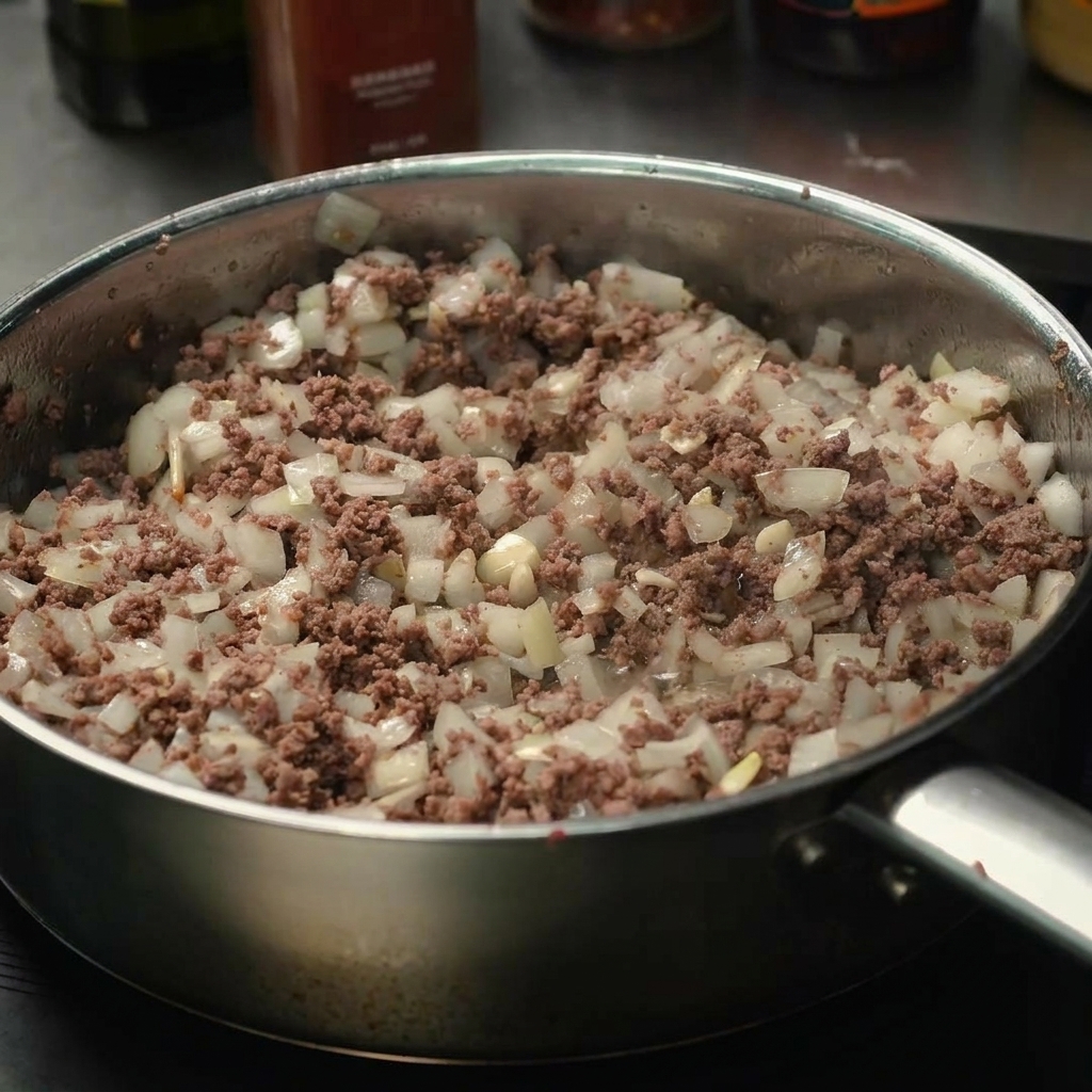 Kétchup vertiéndose en la sartén sobre la mezcla de carne cocida y cebolla.