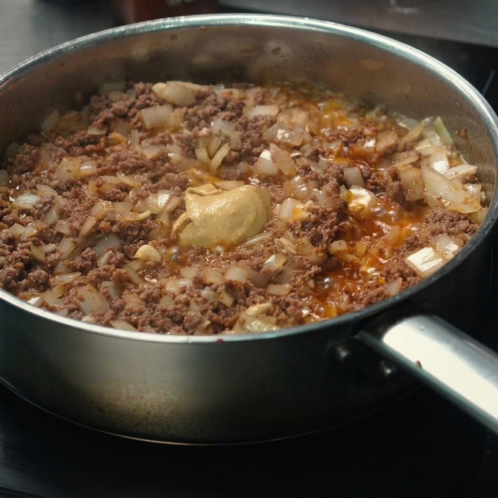 Mostaza de Dijon mezclándose con la carne molida y cebolla en la sartén.