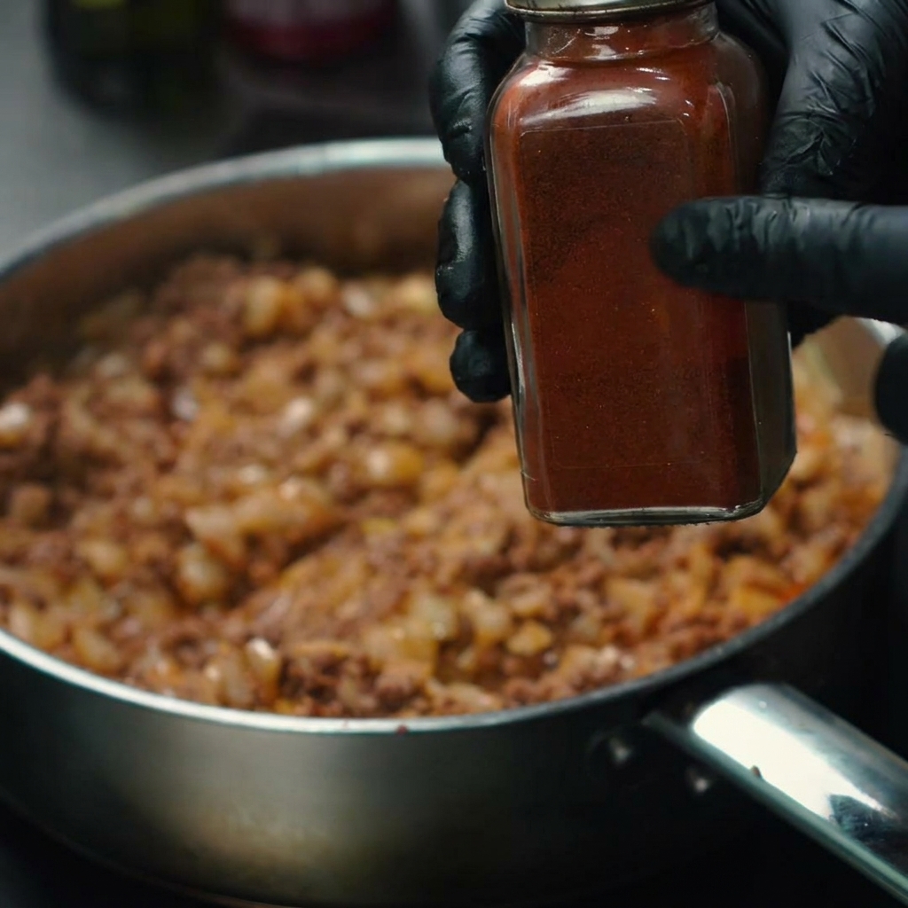 Polvo de chile chipotle espolvoreándose en la sartén sobre la mezcla de carne.