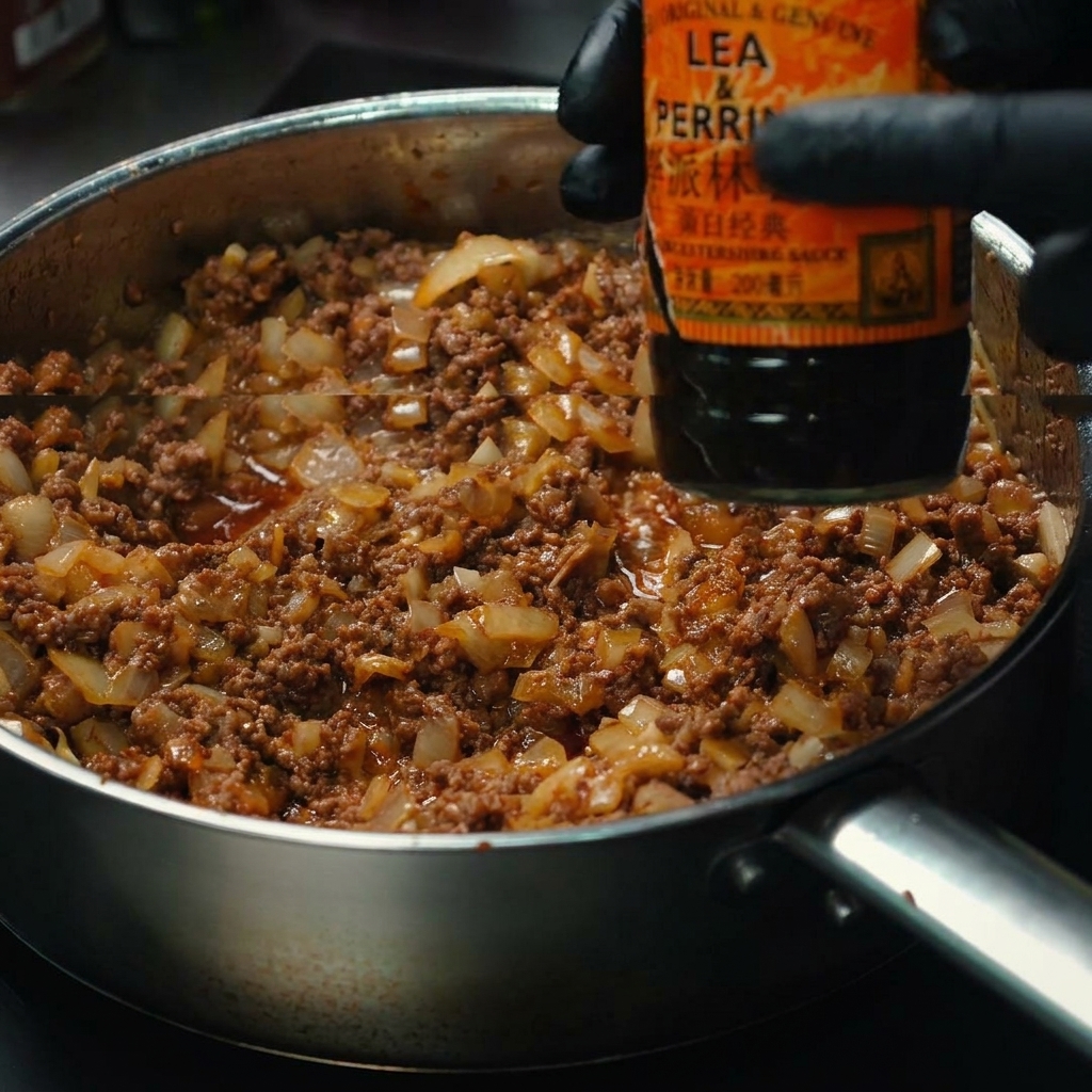 Salsa inglesa vertiéndose en la sartén con la carne sazonada.