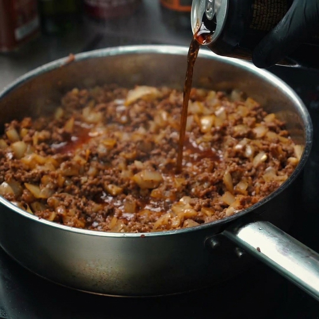 Cerveza oscura vertiéndose de una lata a la sartén con la carne picada y sazonada.