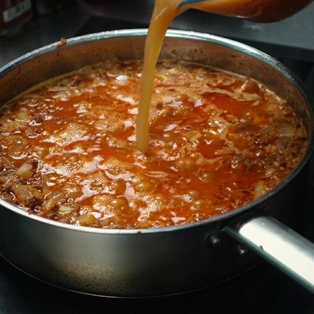 Caldo de res vertiéndose en la sartén, listo para hervir junto a la carne y las especias.