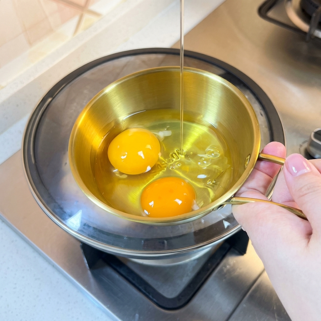Dos huevos batidos en un bol metálico de color dorado.