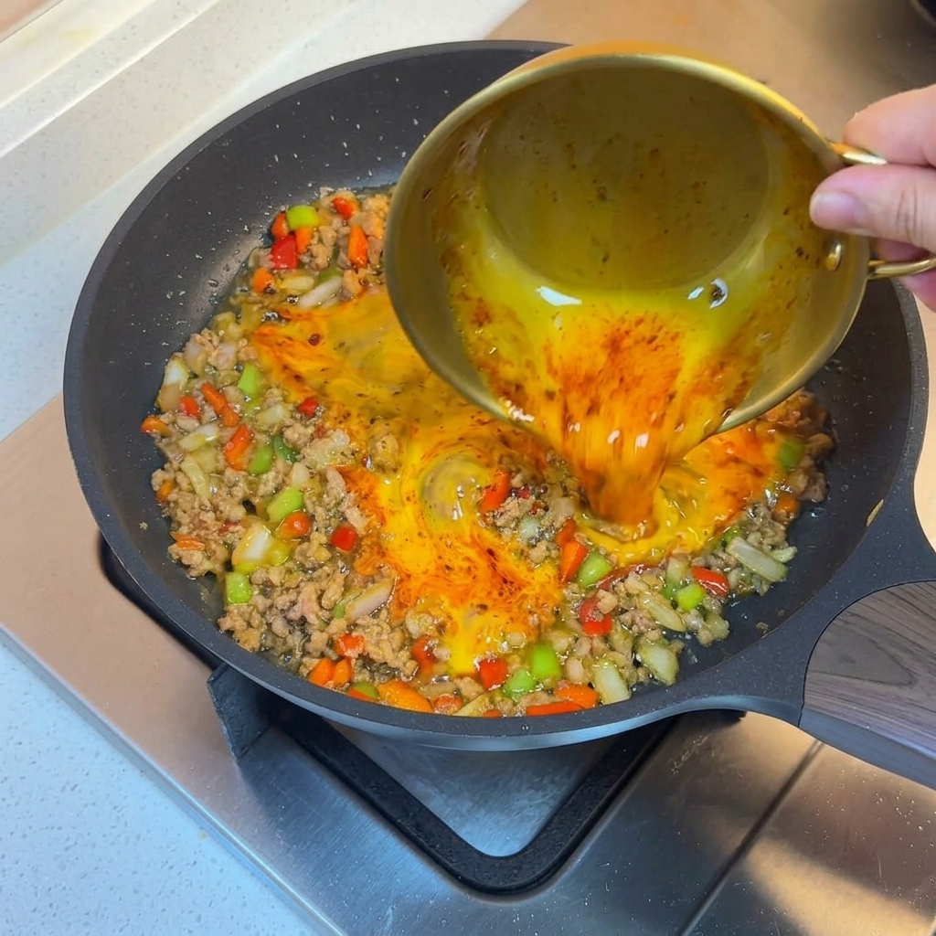 Huevos batidos vertidos sobre la mezcla de carne y verduras en la sartén.