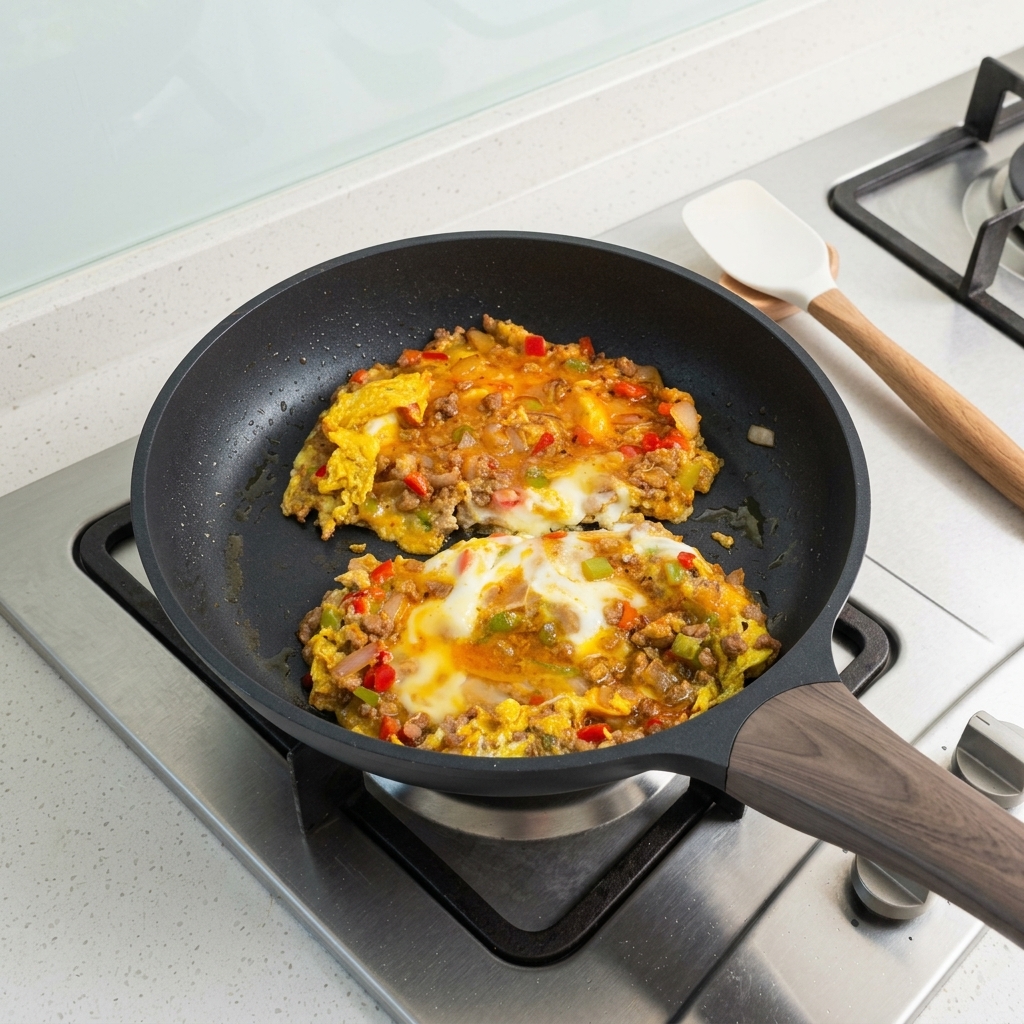 Lonchas de queso amarillo derritiéndose sobre una sabrosa mezcla de carne picada, huevos y pimiento verde en una sartén antiadherente.