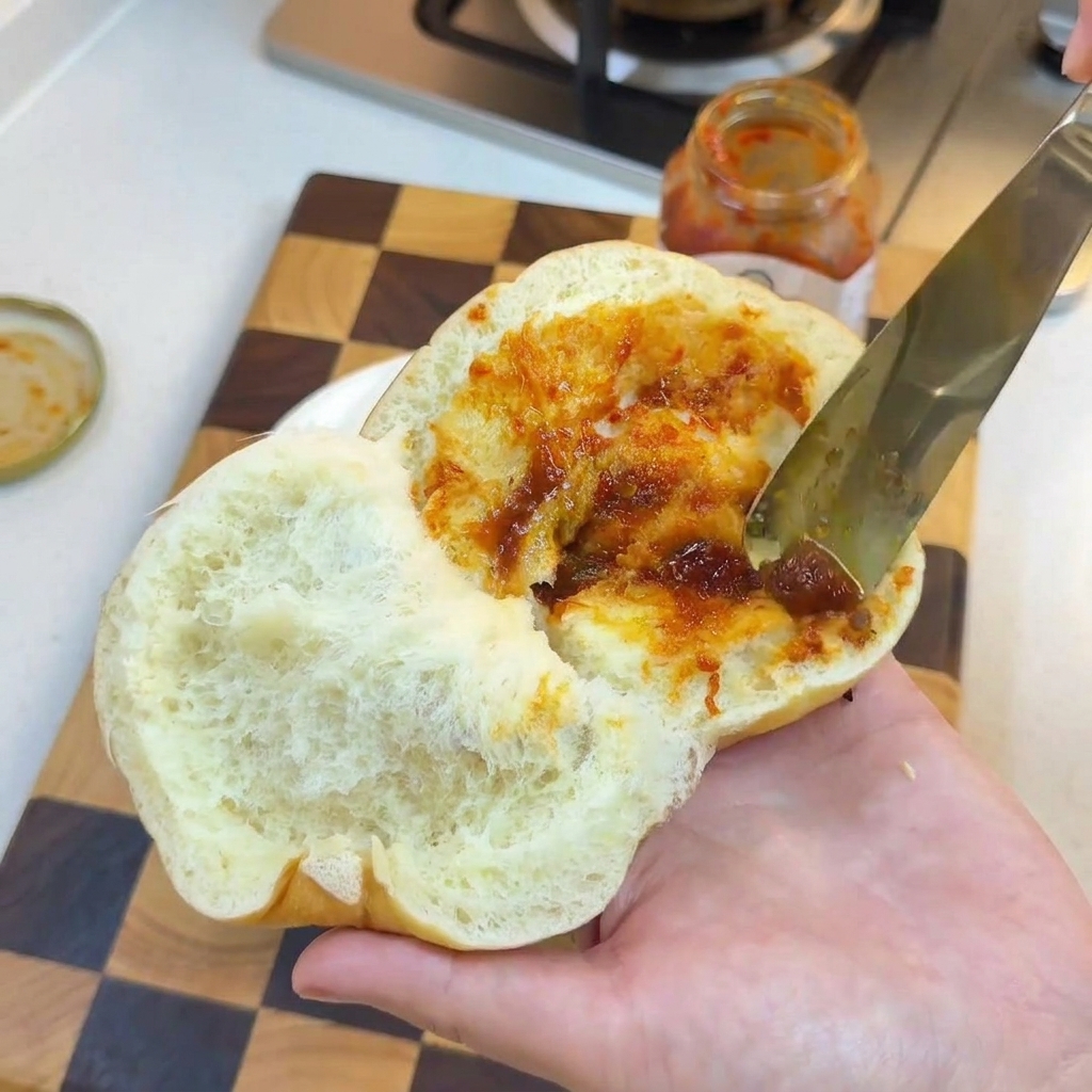Un pan de hamburguesa tostado sostenido con la mano, mientras un cuchillo de metal unta una salsa oscura y mayonesa en su interior poroso y suave.