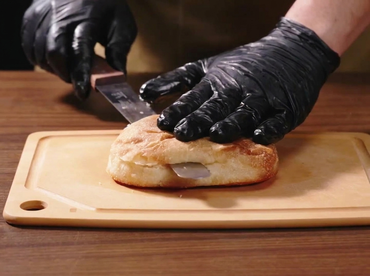 Un par de manos con guantes usando un cuchillo de sierra para cortar una hogaza de pan panini por la mitad sobre una tabla de madera.