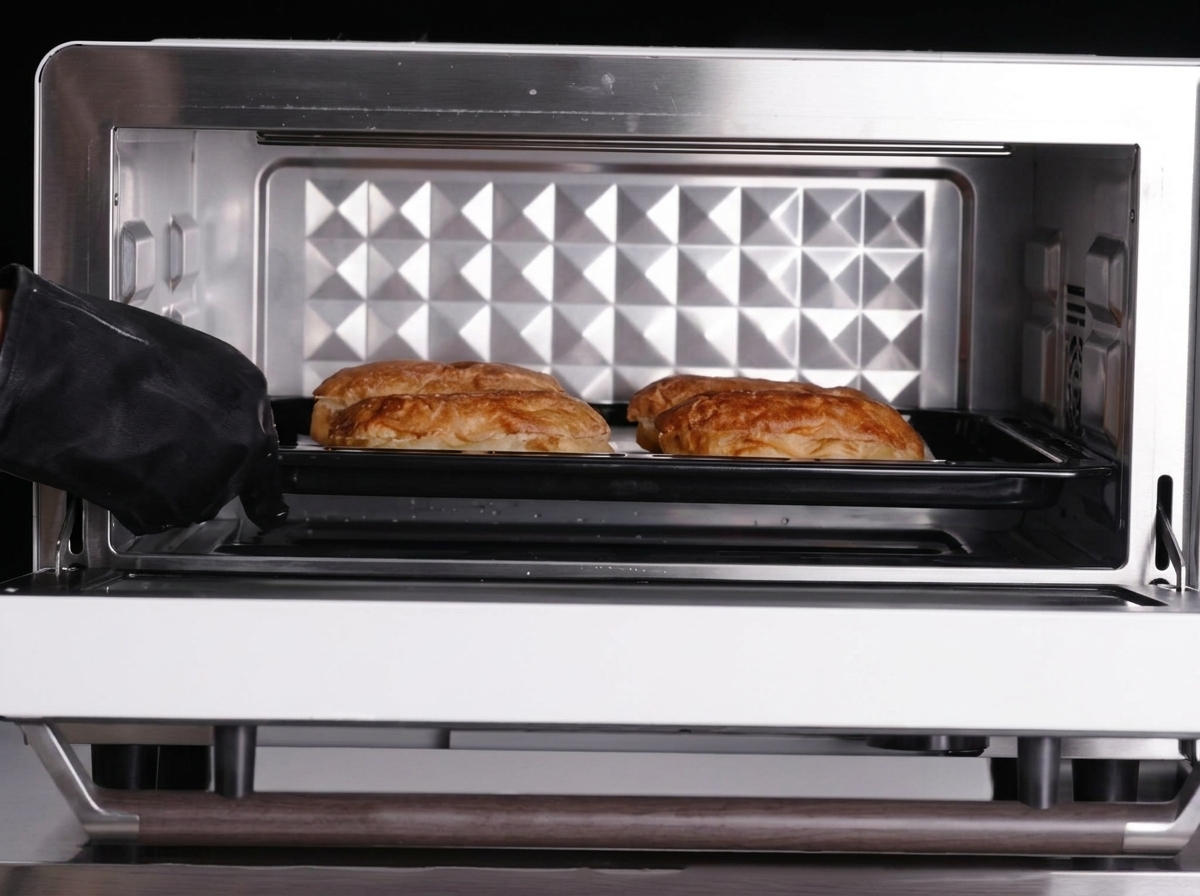 Las dos mitades del pan panini dispuestas en una bandeja de horno negra, colocadas dentro del horno para tostar.