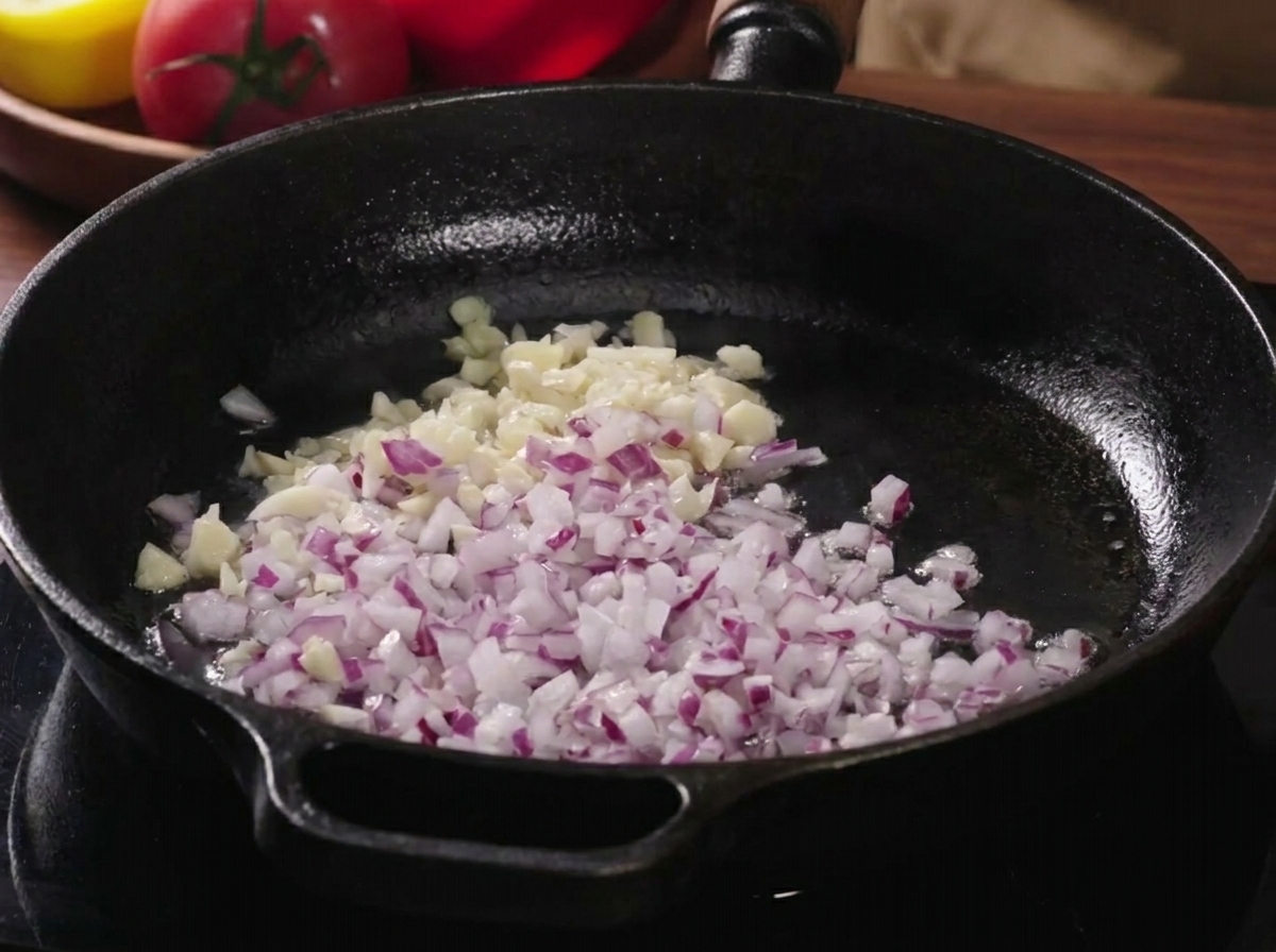 Carne de cerdo picada dorándose en una sartén junto con la cebolla y el ajo sofritos.