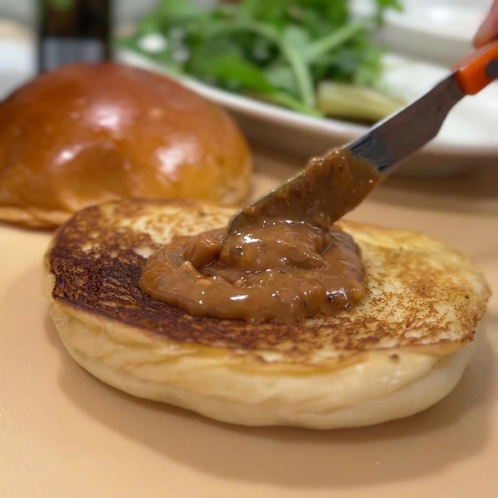 Un cuchillo extendiendo salsa de cacahuete espesa sobre la base tostada de un pan de hamburguesa.