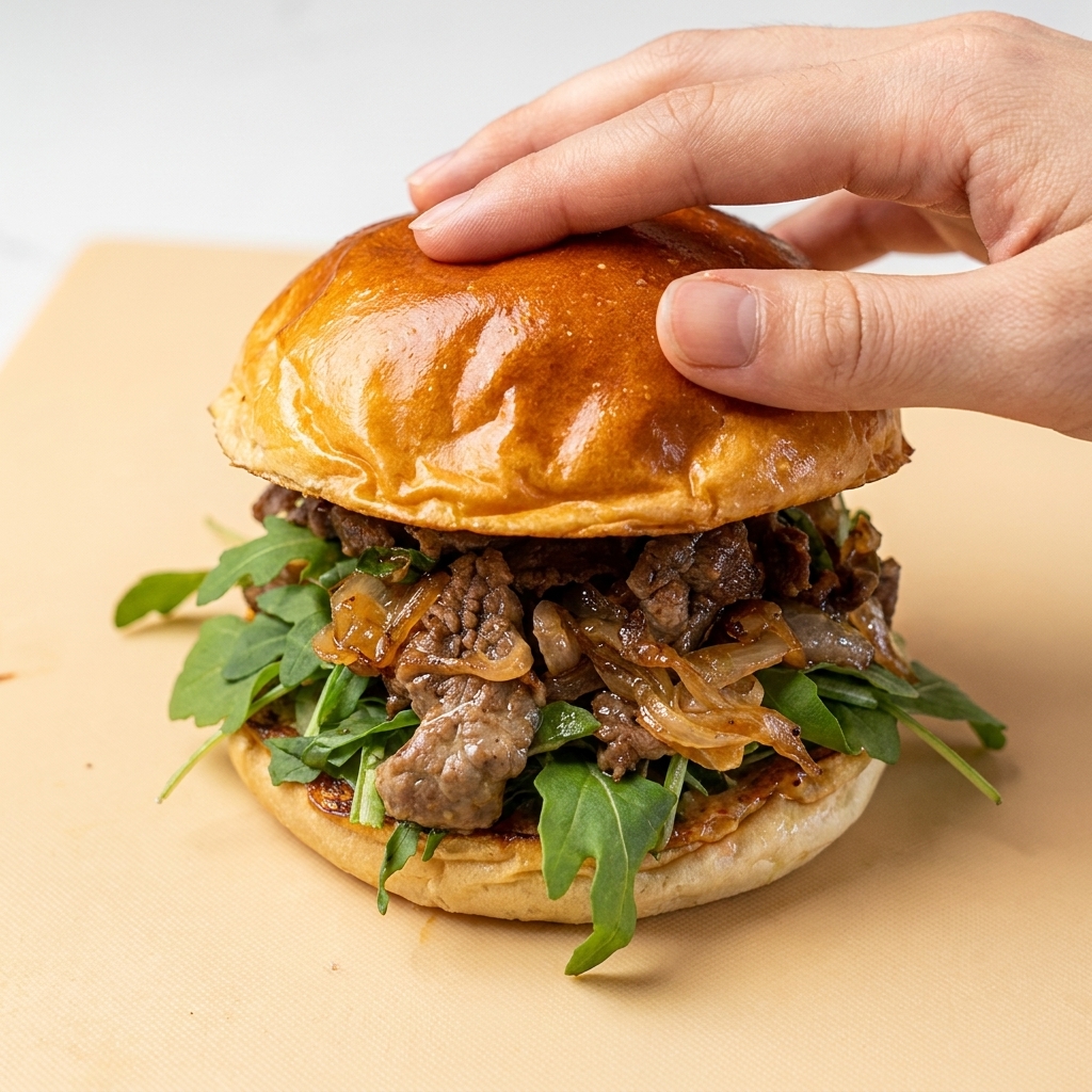 Una mano presionando suavemente la parte superior del pan sobre la hamburguesa.