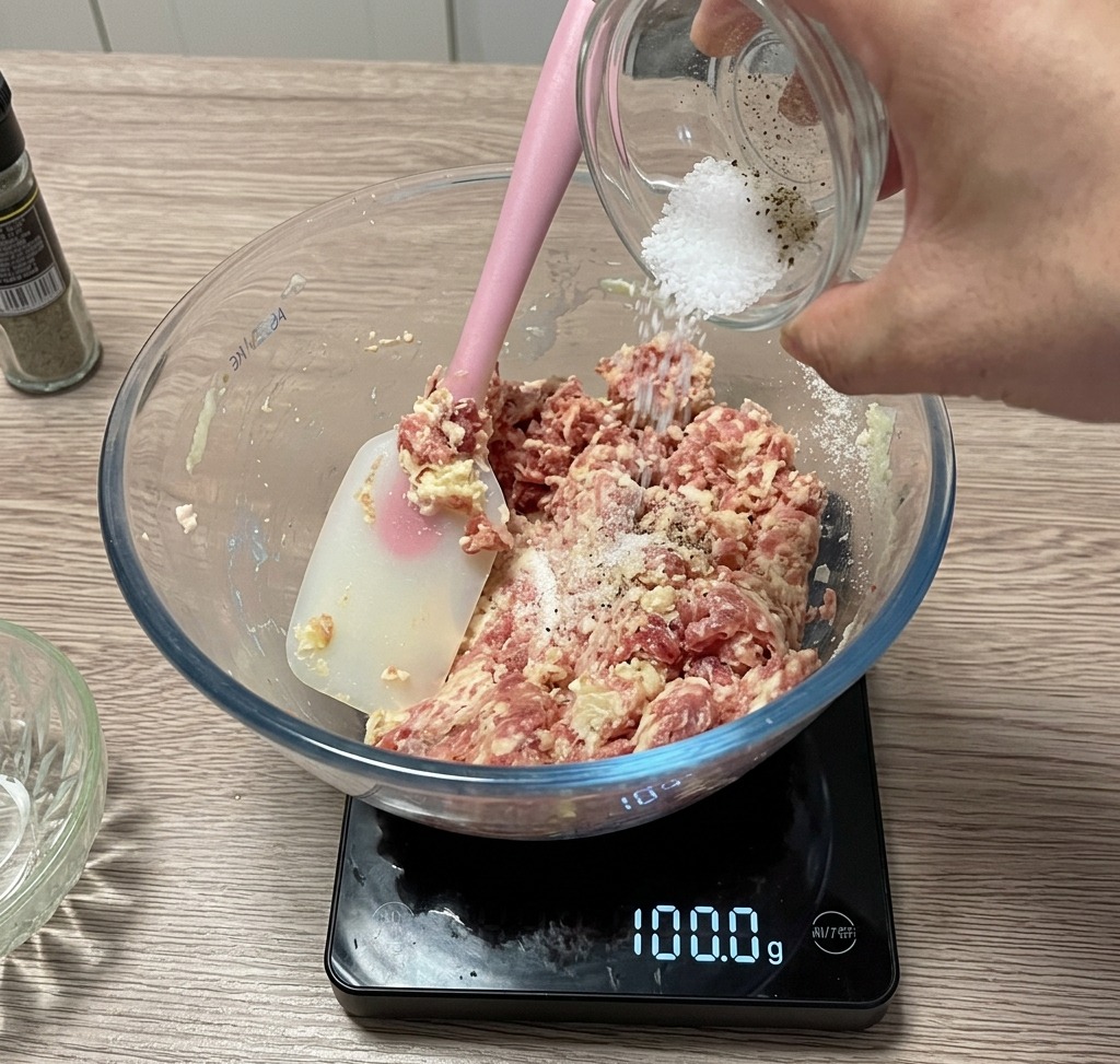 Sazonador siendo añadido al bol de carne sobre una báscula de cocina.