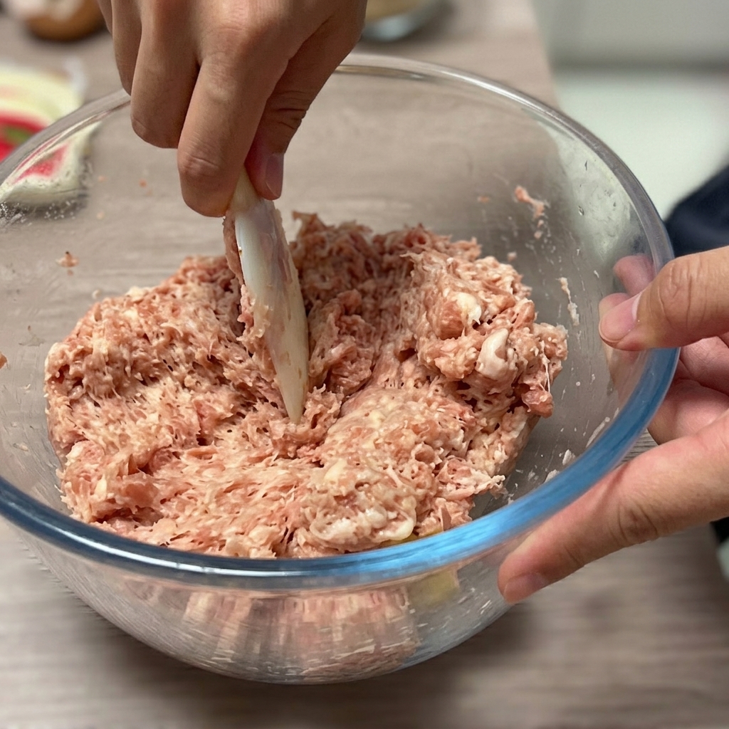La mezcla de carne siendo dividida en porciones iguales dentro del bol.