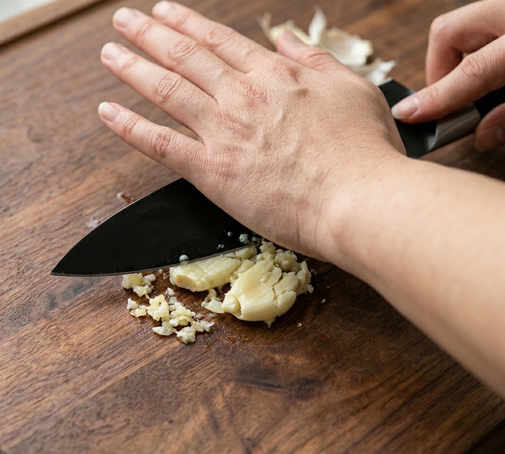 Dos dientes de ajo sobre una tabla de madera después de ser aplastados con la hoja de un cuchillo.