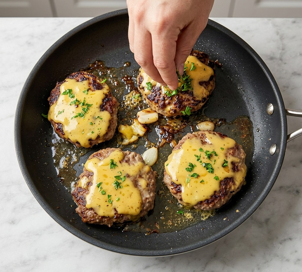 Cuatro hamburguesas con queso en una sartén, decoradas con perejil picado fresco.