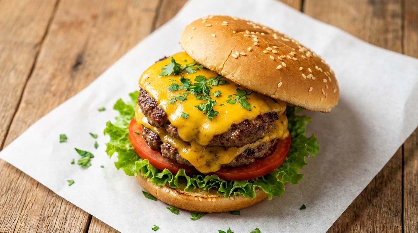 Una imponente hamburguesa doble de queso casera con carne perfectamente sellada, cheddar fundido y vegetales frescos.