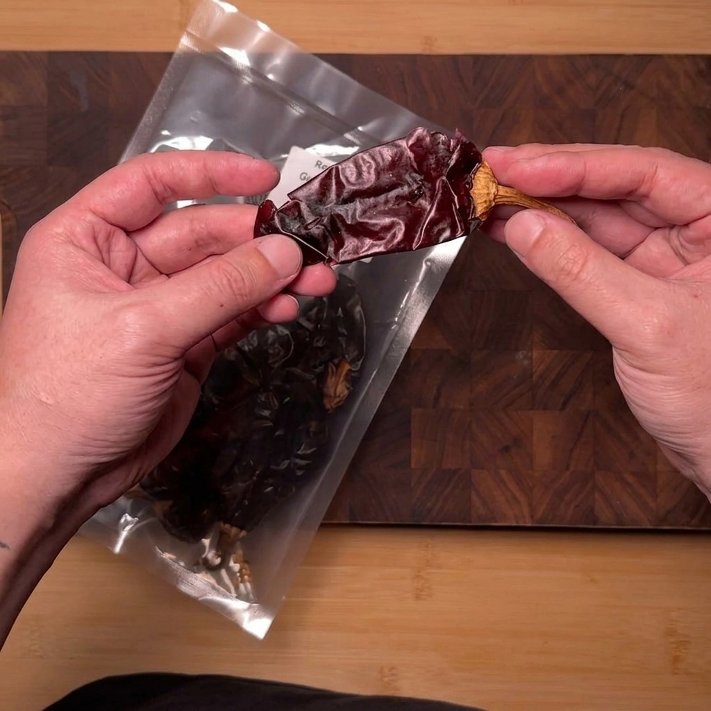 Chiles guajillo secos siendo cortados en trozos pequeños con tijeras sobre un tazón pequeño.