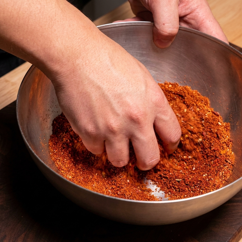 Carne de cerdo molida siendo mezclada con especias rojas y condimentos en un tazón de metal.