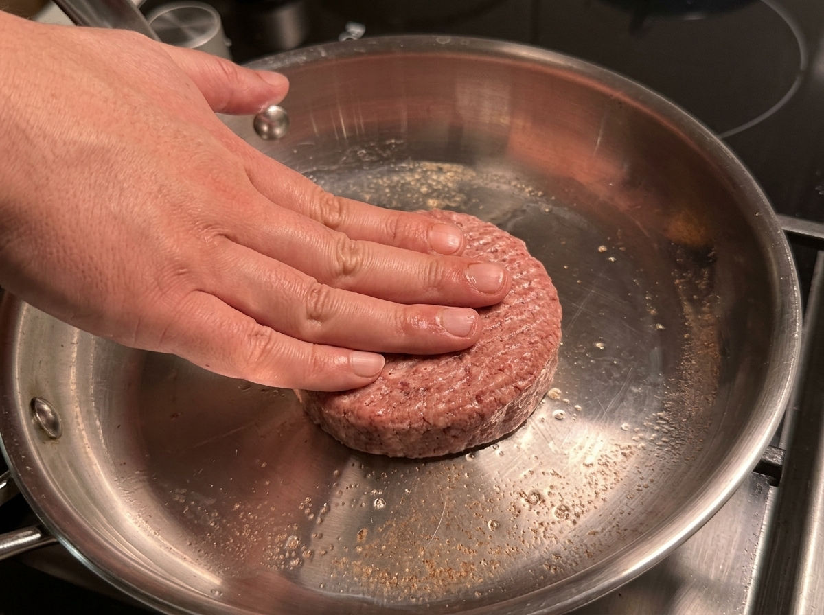 Una carne para hamburguesa siendo presionada en una sartén de acero inoxidable para sellar.