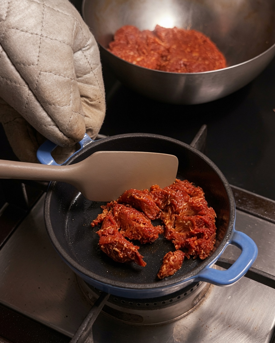 Mezcla de carne de chorizo siendo cocinada y triturada con una espátula en una sartén azul.