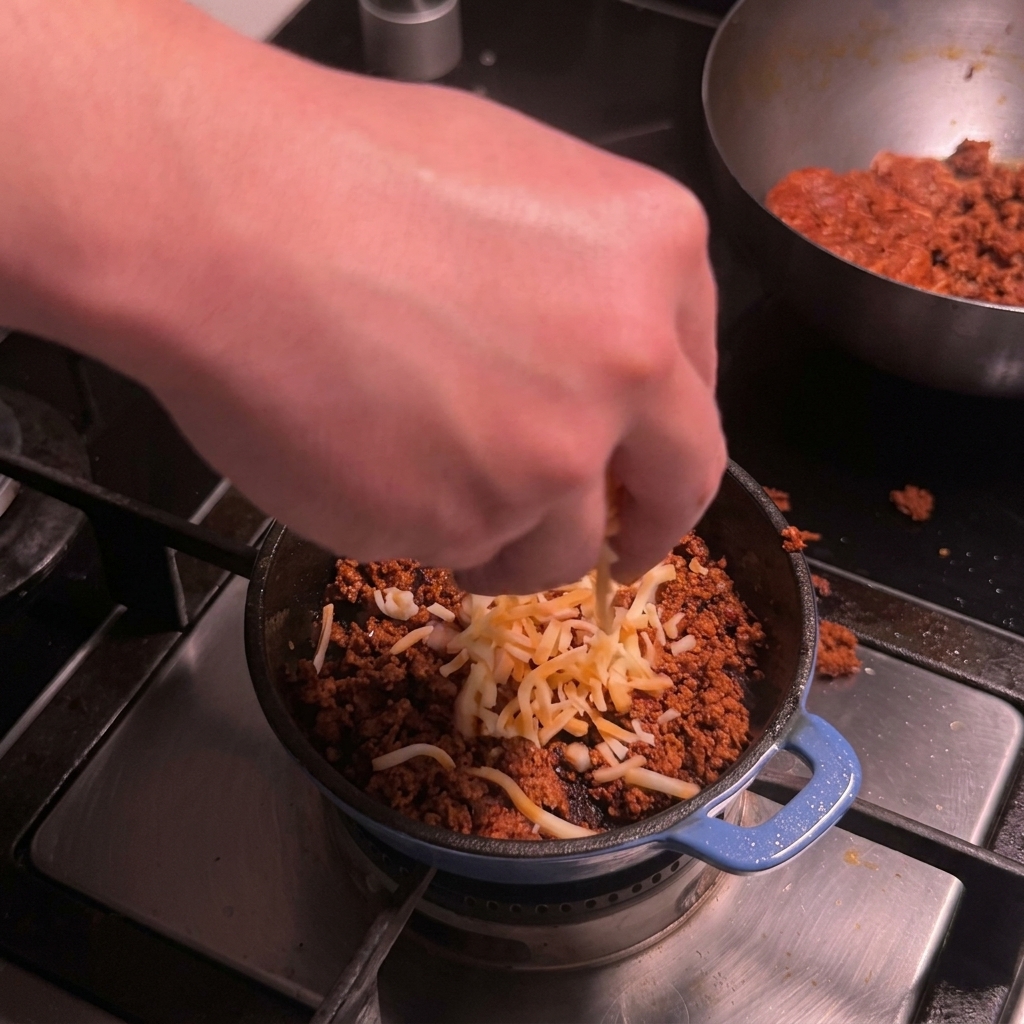 Primer plano de queso Colby Jack rallado siendo incorporado a carne de chorizo cocida en una sartén pequeña.