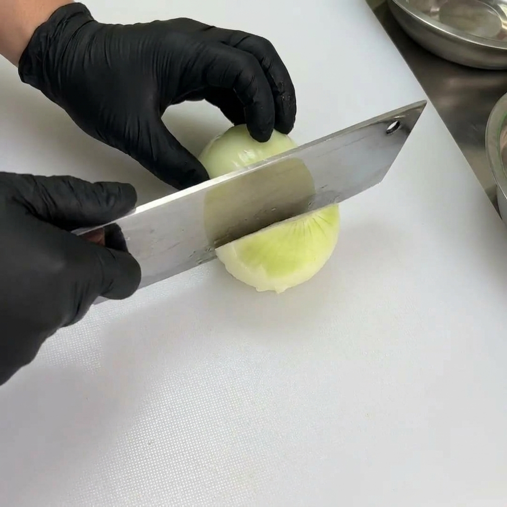 Cebolla siendo cortada en trozos uniformes en una tabla de cortar blanca usando un cuchillo de carnicero profesional.
