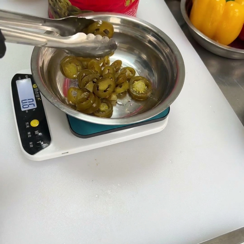 Aros de chile jalapeño siendo añadidos a la mezcla de especias en un tazón.