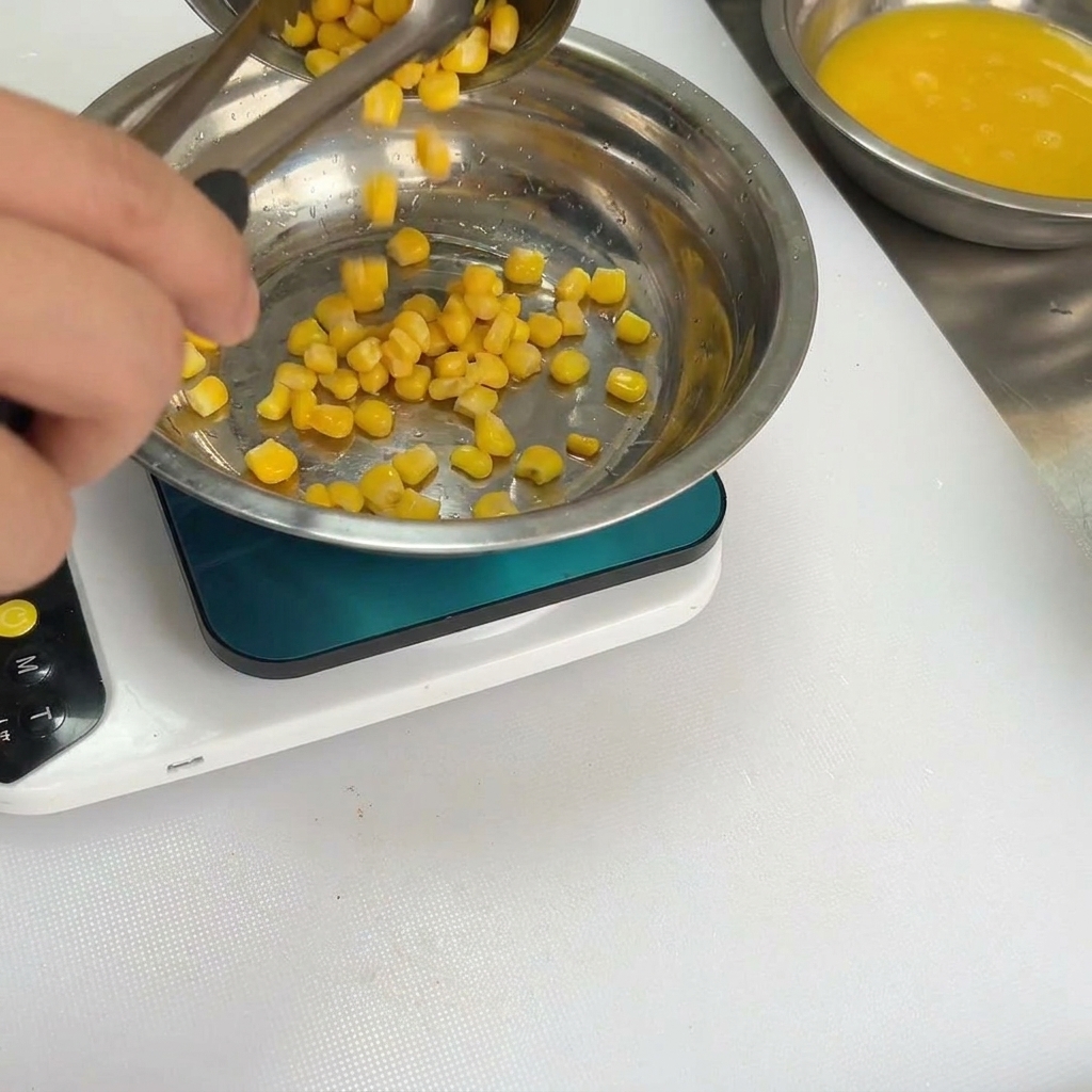 Granos de maíz dulce siendo añadidos a la mezcla de especias y frijoles.