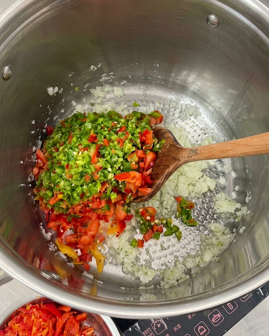 Pimientos coloridos finamente picados siendo añadidos a una olla grande con cebollas salteadas.