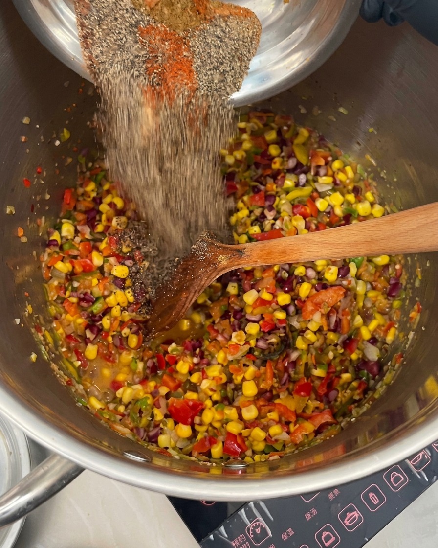 Una variedad de especias siendo vertidas en una olla que contiene pimientos coloridos, frijoles y maíz.