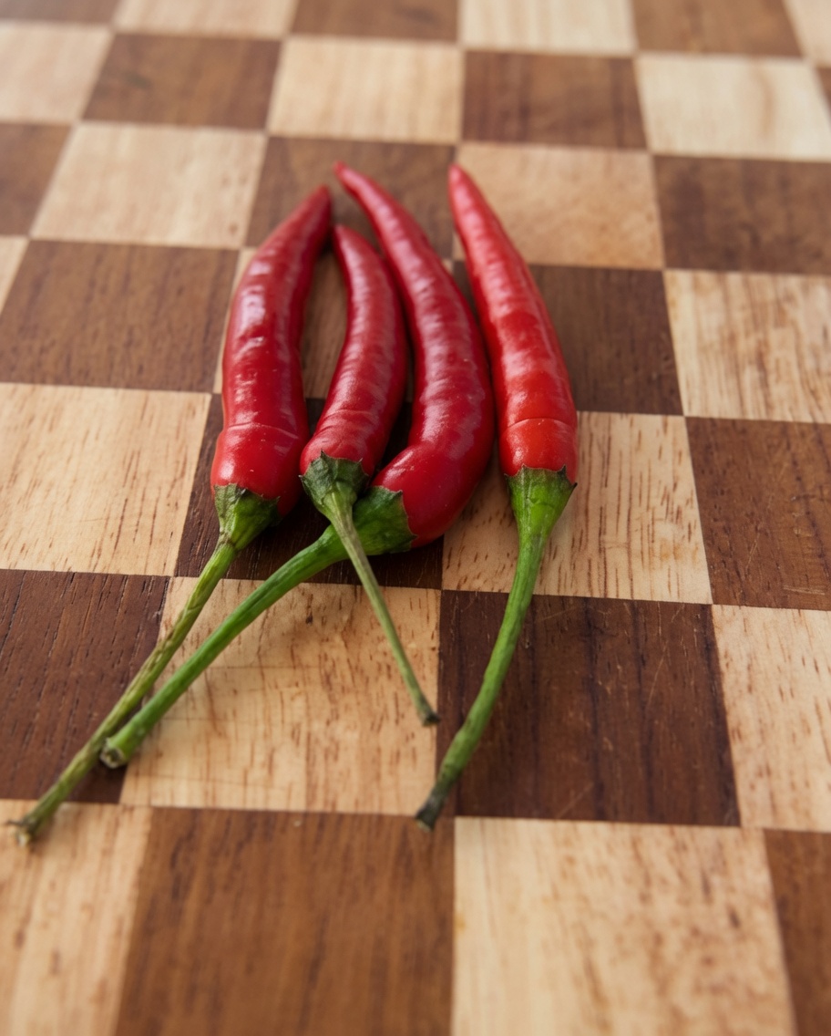 Chiles rojos frescos siendo cortados en trozos pequeños sobre una tabla de cortar de madera.
