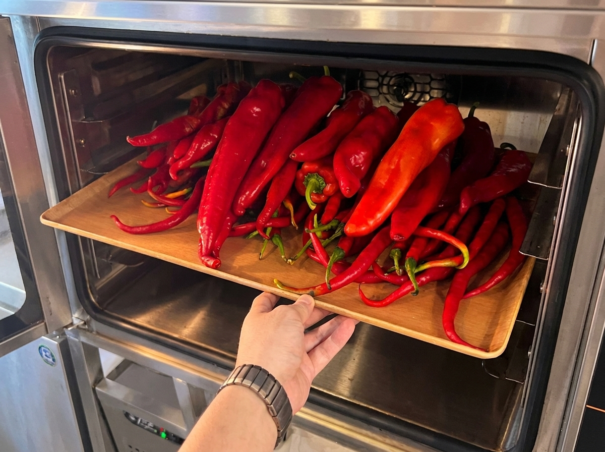 Una bandeja de horno llena de chiles rojos frescos siendo colocada en un horno precalentado.