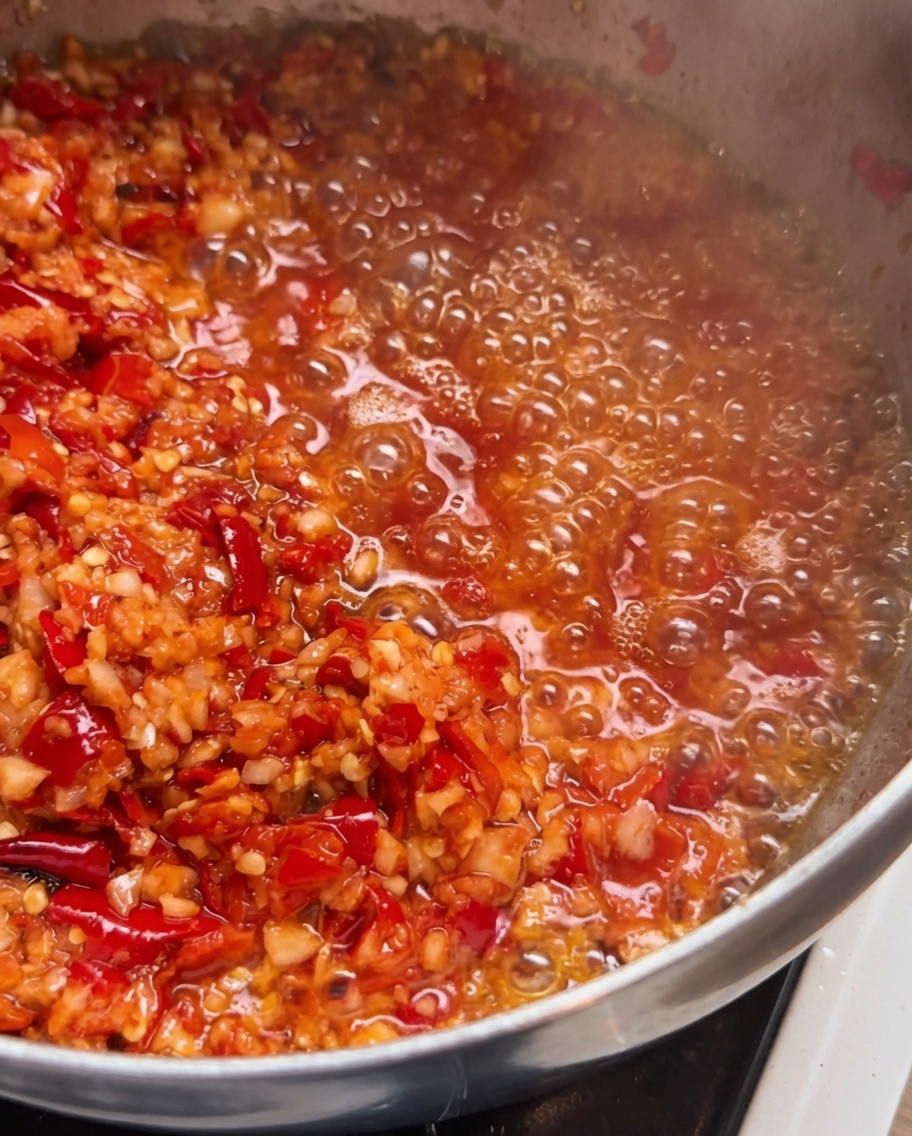 Una sartén que contiene la mezcla salteada de chile y ajo, con trozos de chile asado añadidos y un trozo de mantequilla derritiéndose.