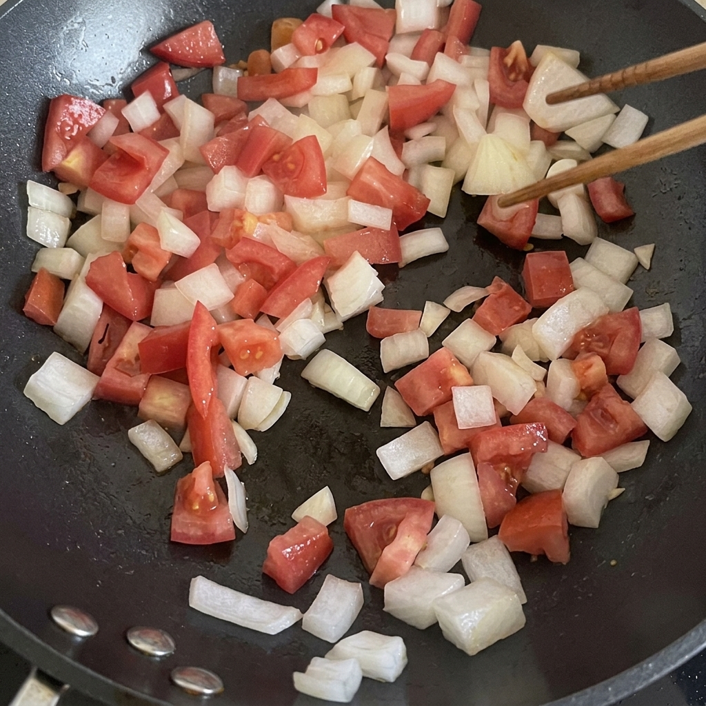 Tomates y cebollas picadas siendo salteados en una sartén hasta ablandarse.