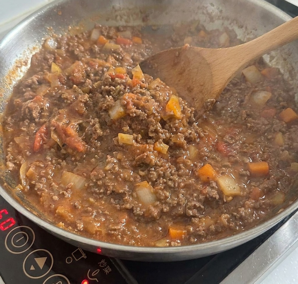 Salsa de carne estilo mexicano hirviendo a fuego lento en una sartén, luciendo espesa y rica.