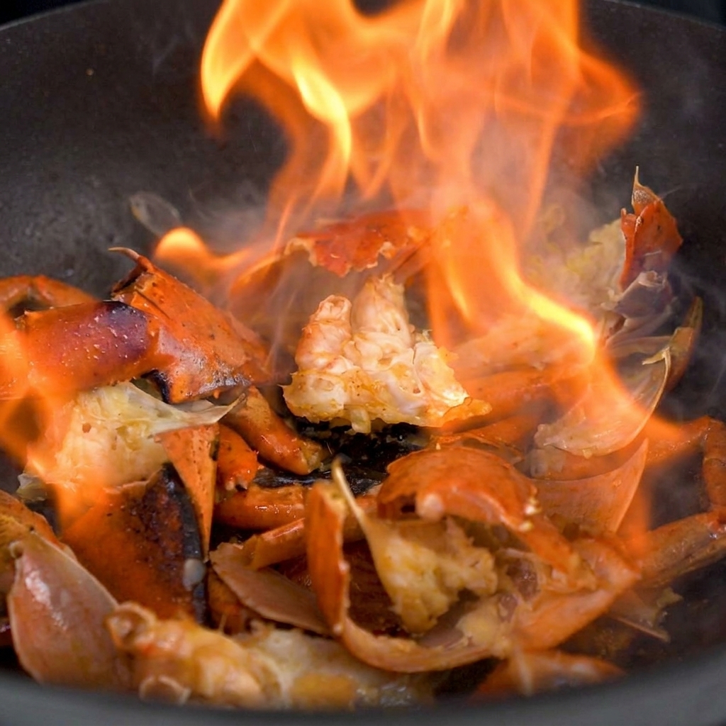 Zanahorias, cebollas y apio siendo salteados en una olla junto a las cáscaras de bogavante.