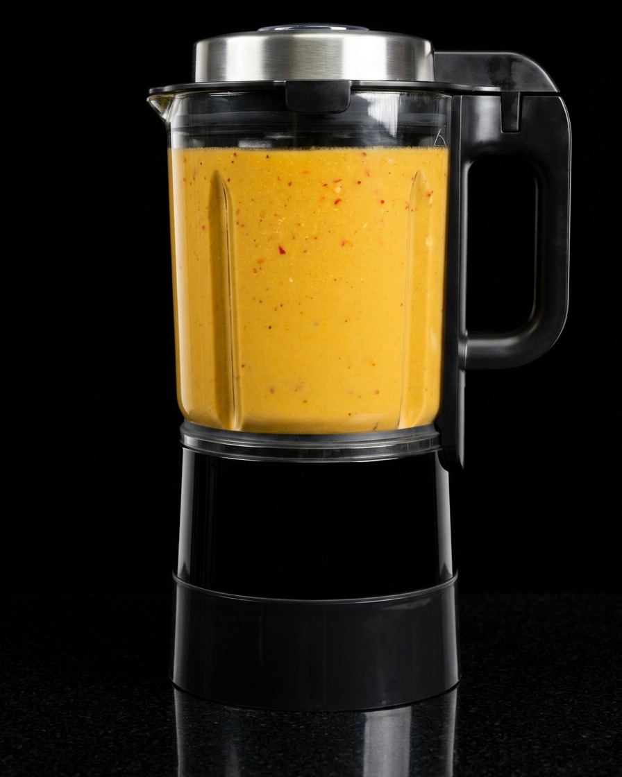 Un vaso de licuadora de alta velocidad lleno con una base de bisque de bogavante de color naranja vibrante.