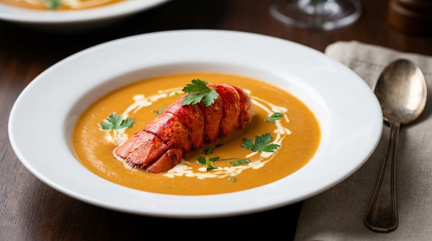 Un cuenco de elegante bisque de bogavante, terminado con una cola de bogavante salteada en mantequilla y un toque de crema.