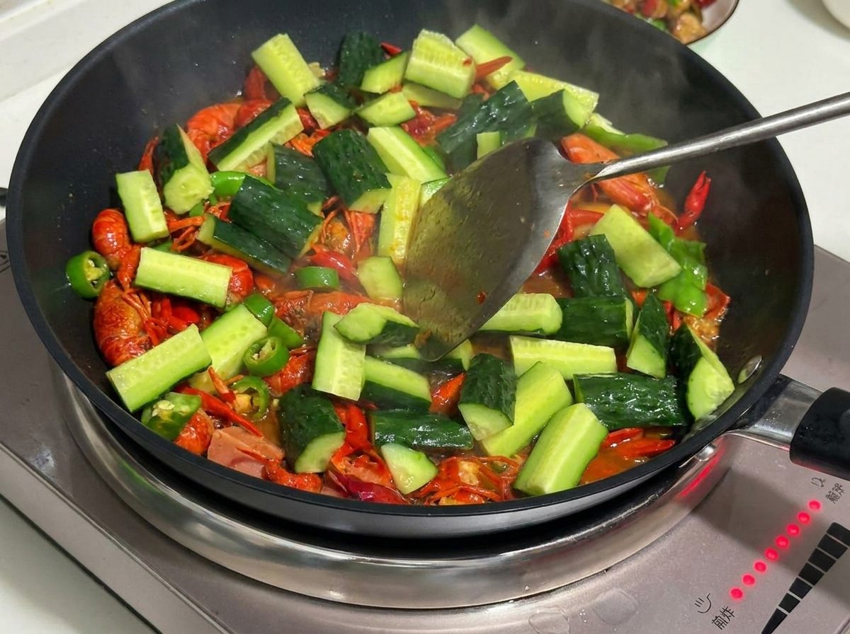 Rodajas de salchicha, pepino y pimientos verdes siendo añadidos a los cangrejos de río.