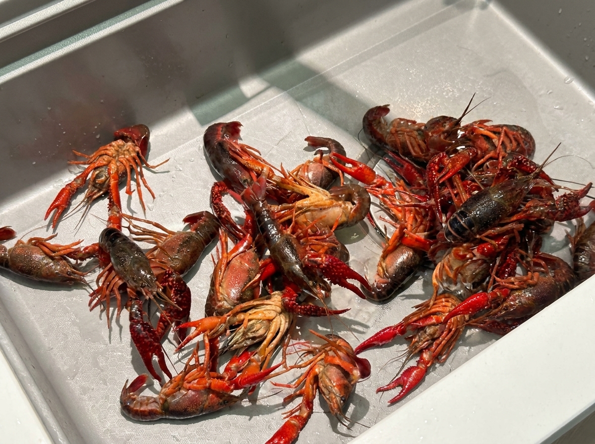 Cangrejos de río siendo lavados a fondo en el fregadero de la cocina bajo el grifo.