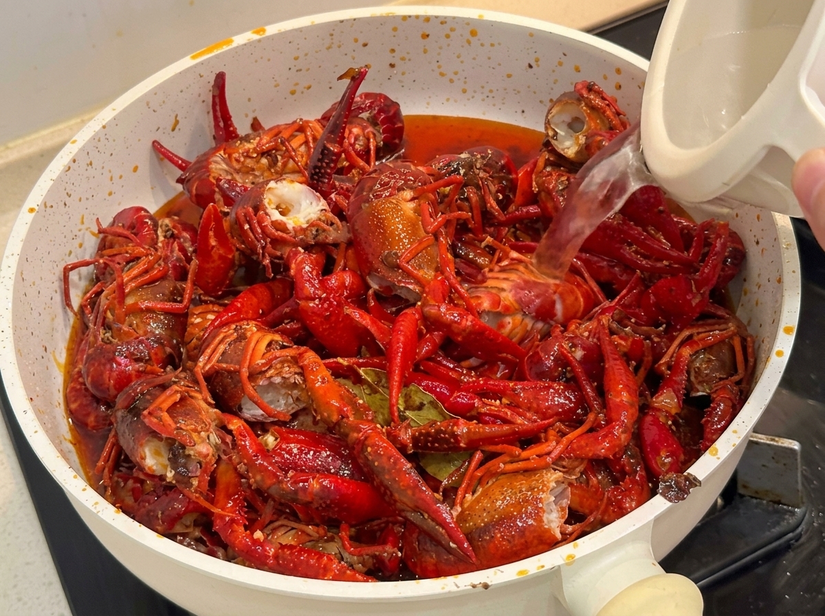 Una sartén llena de cangrejos de río cocidos de color rojo brillante infundiéndose con agua caliente y cerveza.
