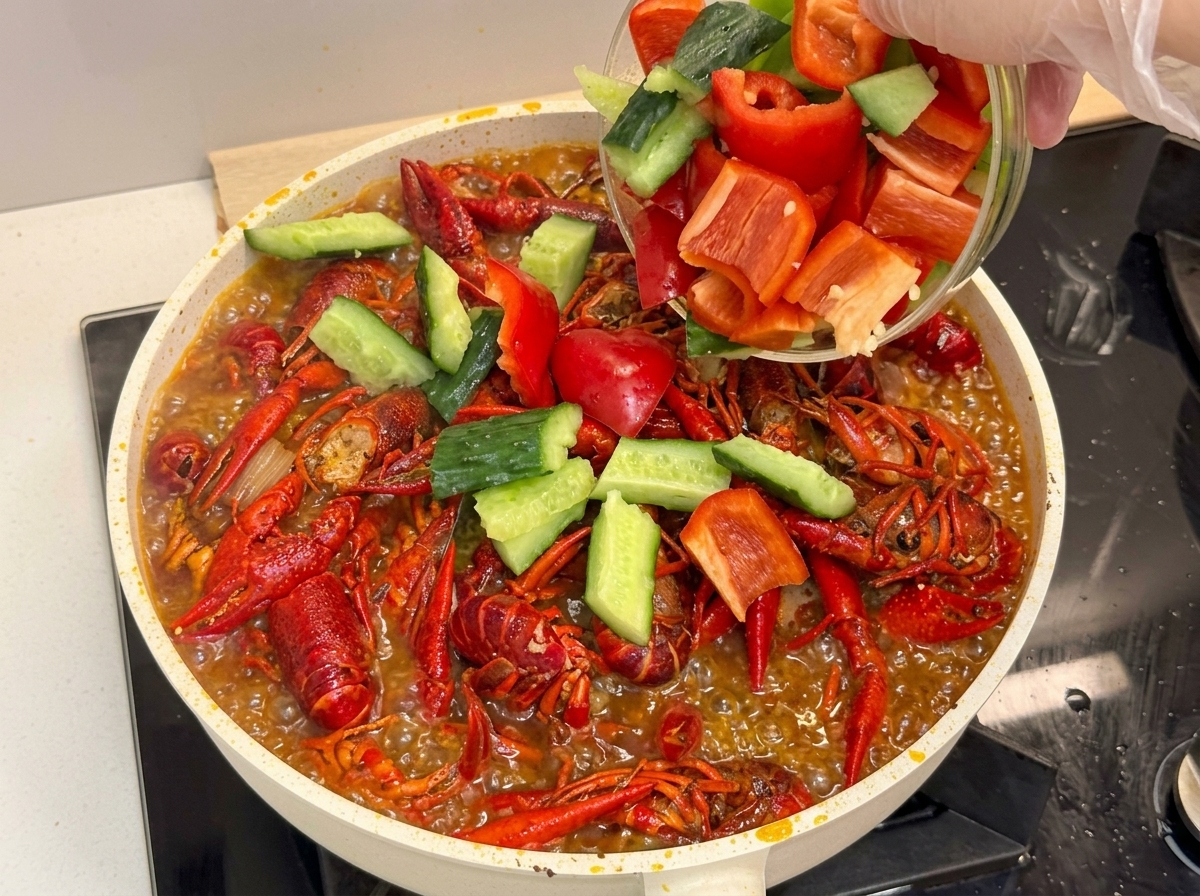 Añadiendo pimientos de colores recién cortados y trozos de pepino a una sartén con cangrejos de río picantes a fuego lento.