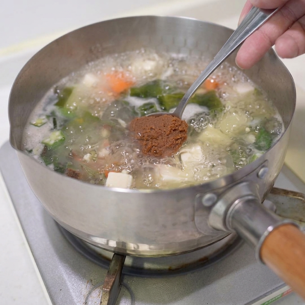 Una cucharada de pasta de miso marrón siendo bajada a la sopa de vegetales hirviendo.