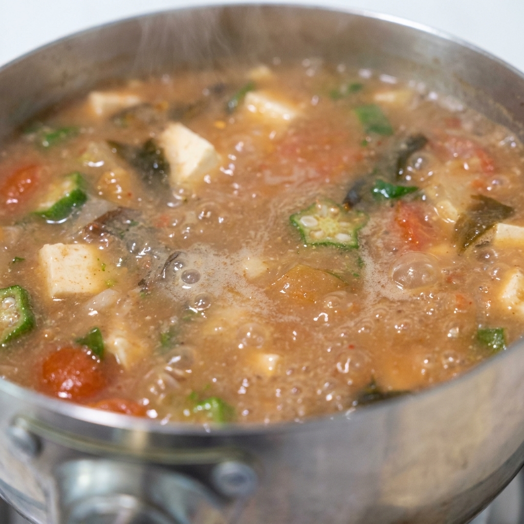 Un cucharón revolviendo la sopa de miso hirviendo para disolver la pasta por completo.