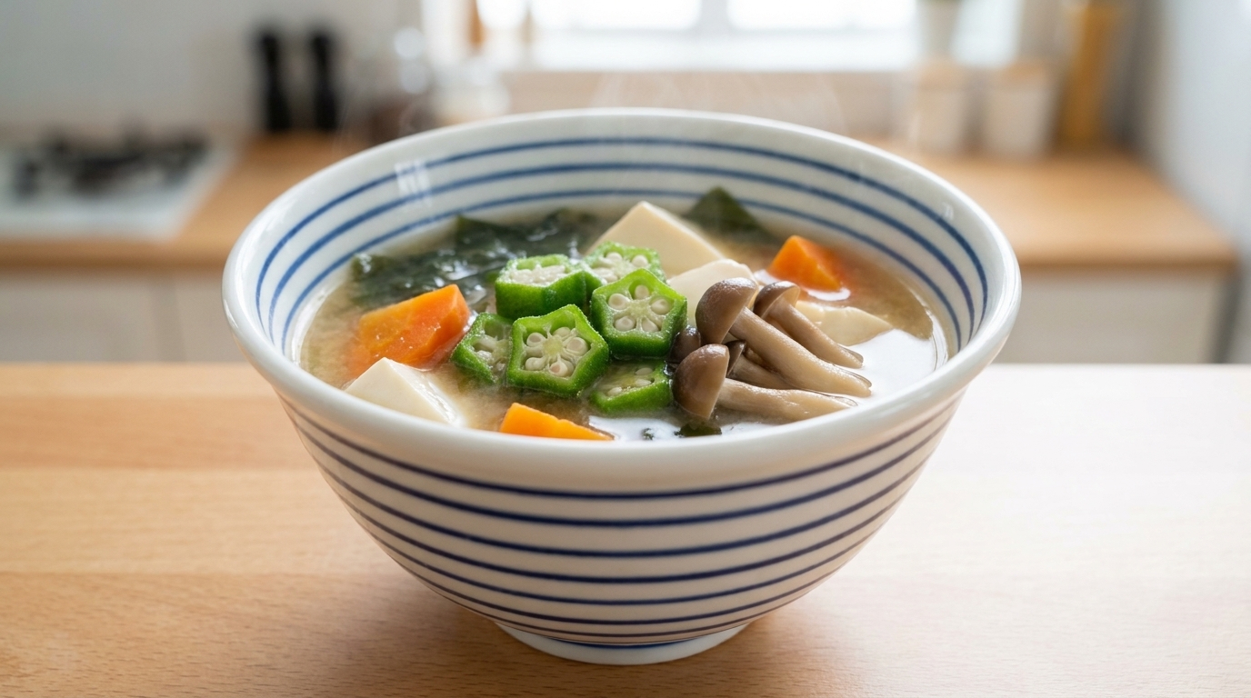 Un tazón caliente de nutritiva sopa de miso con okra, que muestra okra vibrante en forma de estrella y tofu sedoso en un caldo claro y sabroso.