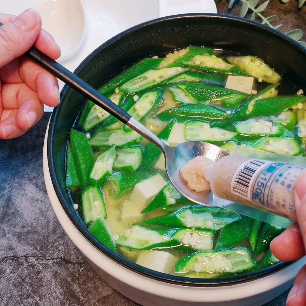 Una cucharada de pasta de camarón siendo vertida en una olla de sopa a fuego lento.
