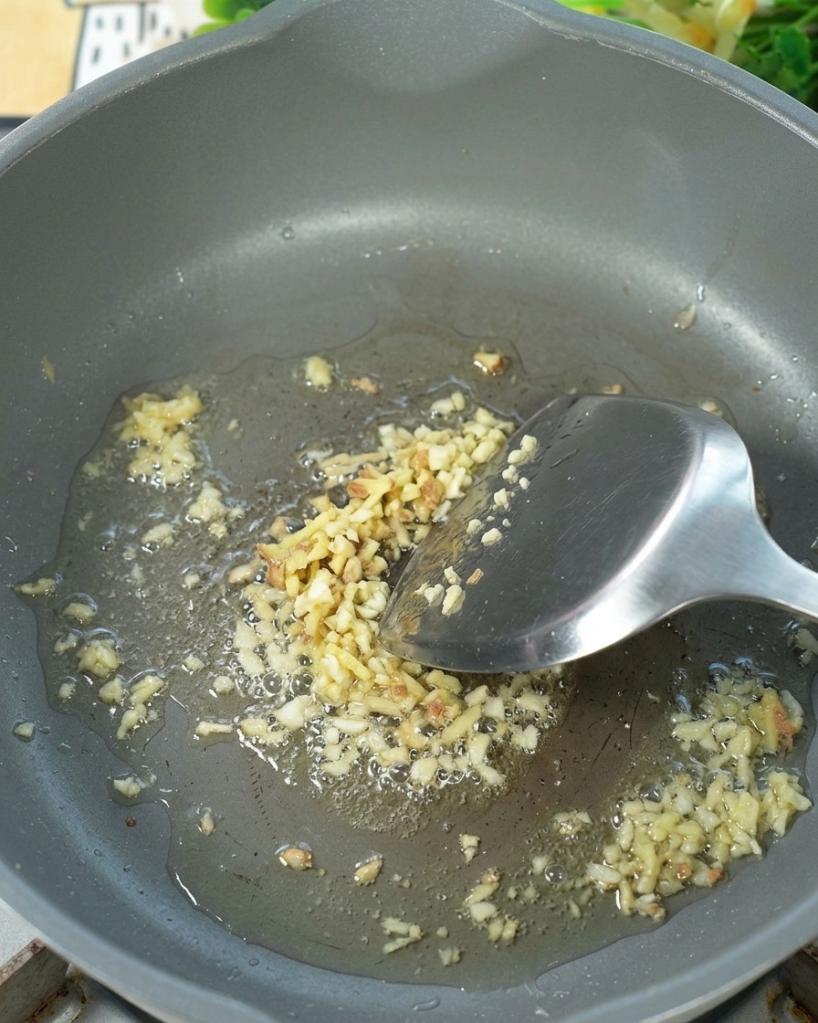Jengibre picado siendo salteado en aceite caliente en una sartén.