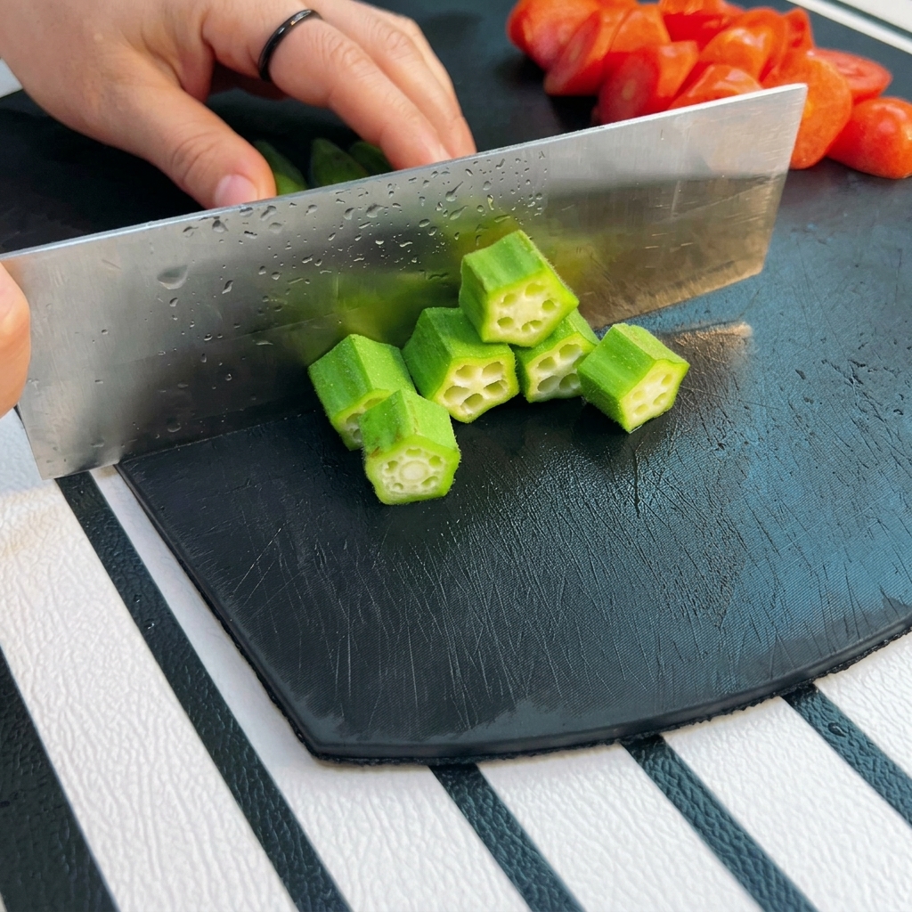 La mano de un cocinero sosteniendo una okra mientras la corta en secciones en forma de estrella.