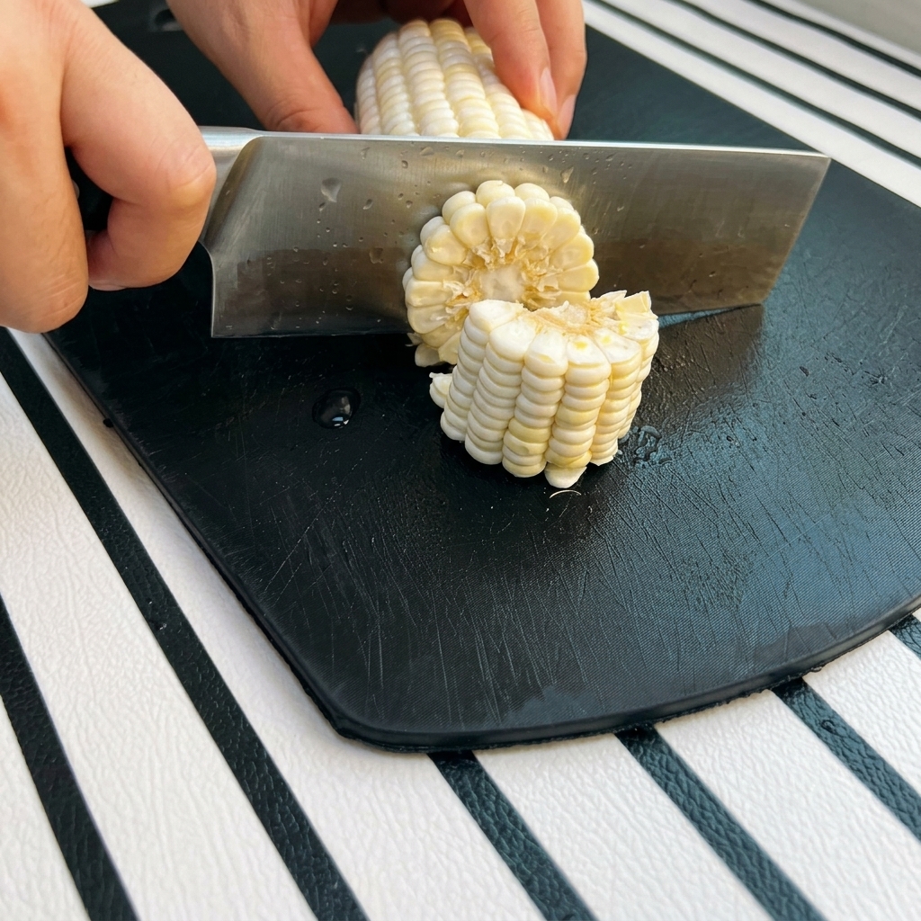 Una mano sujetando una mazorca mientras un cuchillo la corta en segmentos redondos.